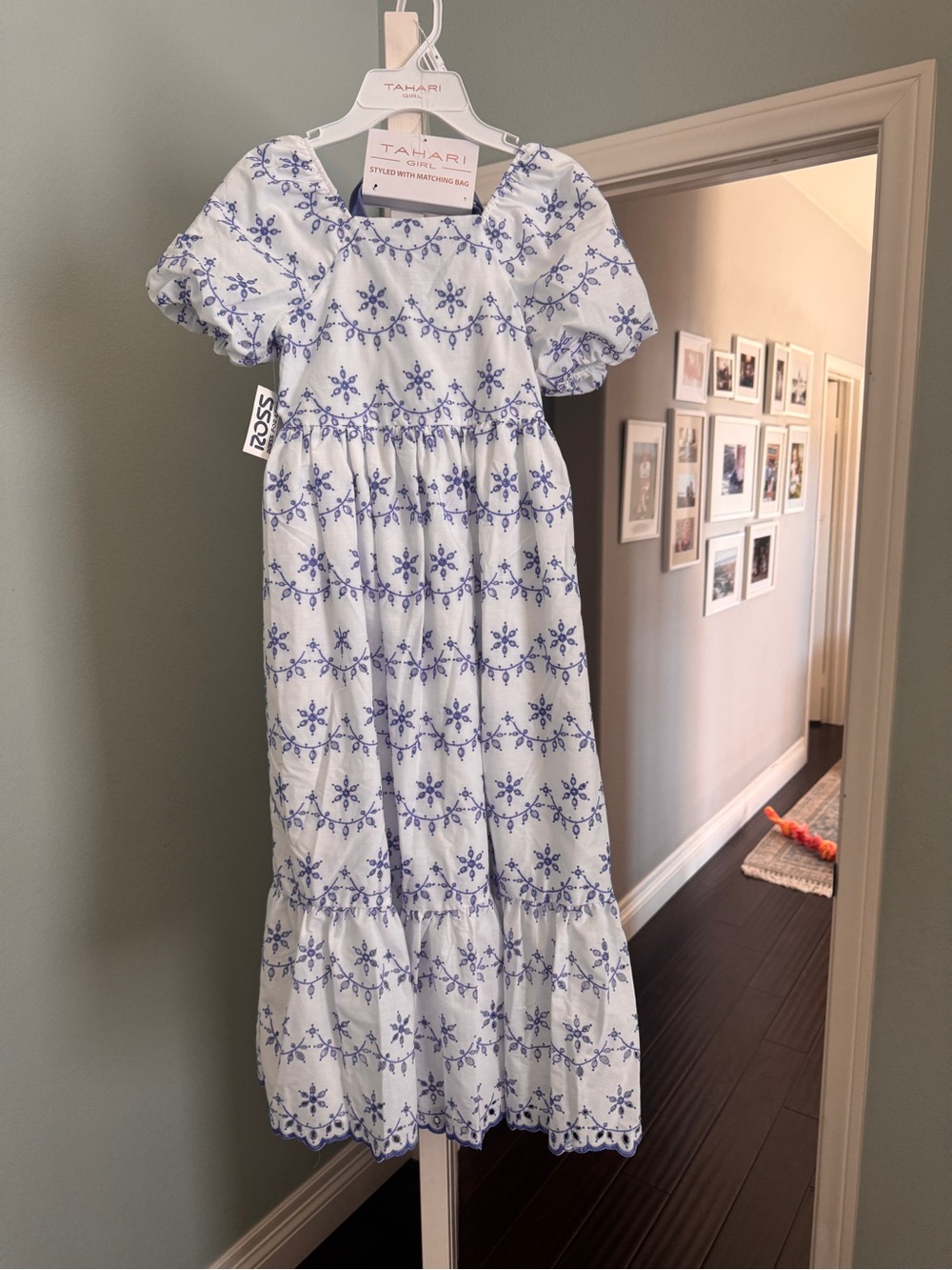 Tahari Kids White Nightgown with Blue Floral Embroidery